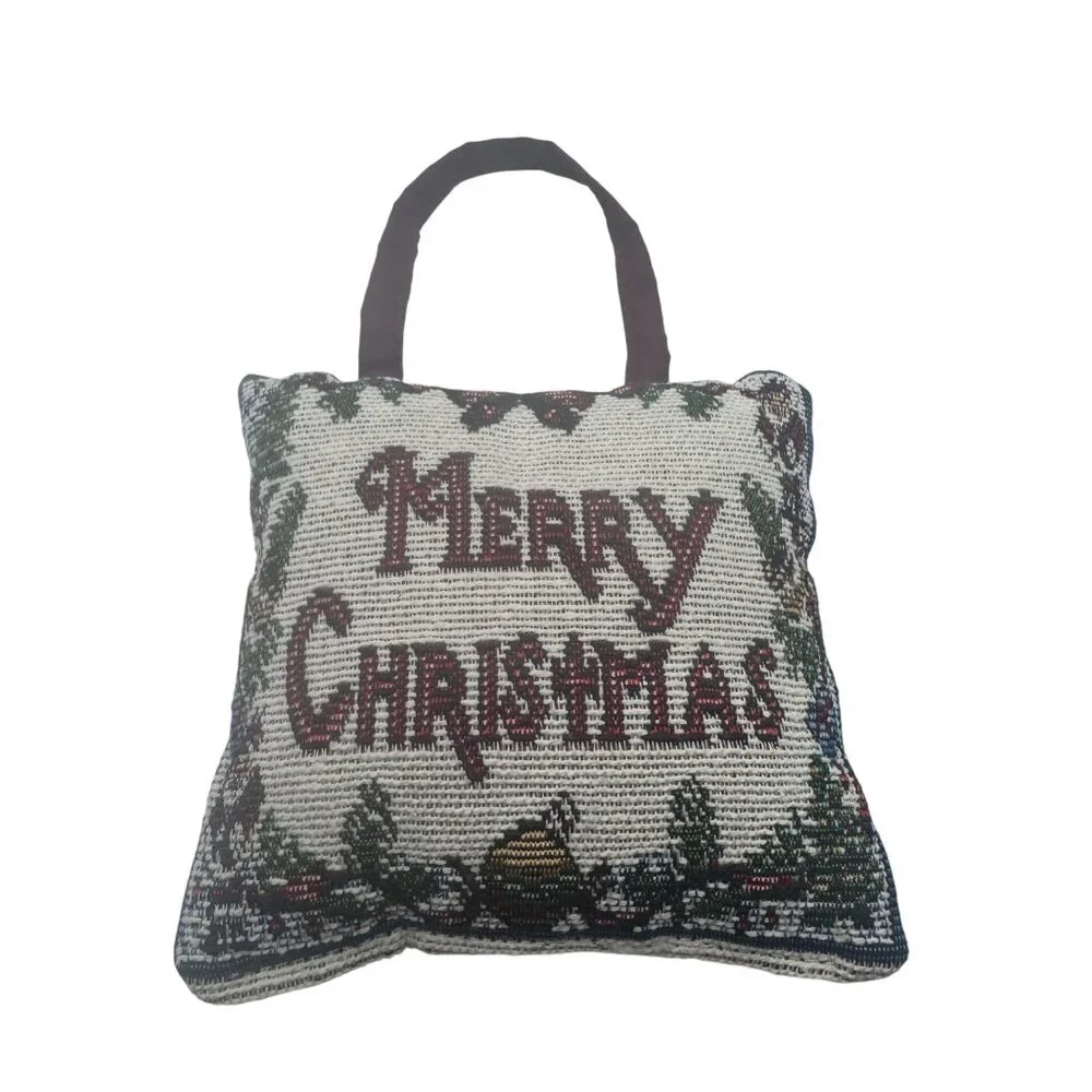 Merry Christmas Hanging Decorative Pillow Festive Tapestry With Handle Burgundy
